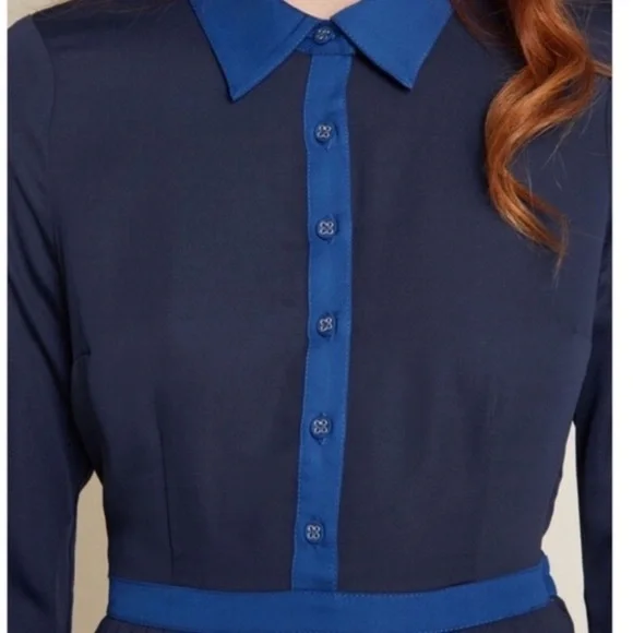 ModCloth Just My Typist Dress Women’s Sz 20 Pleated, Button Front Navy Blue - Picture 2 of 13
